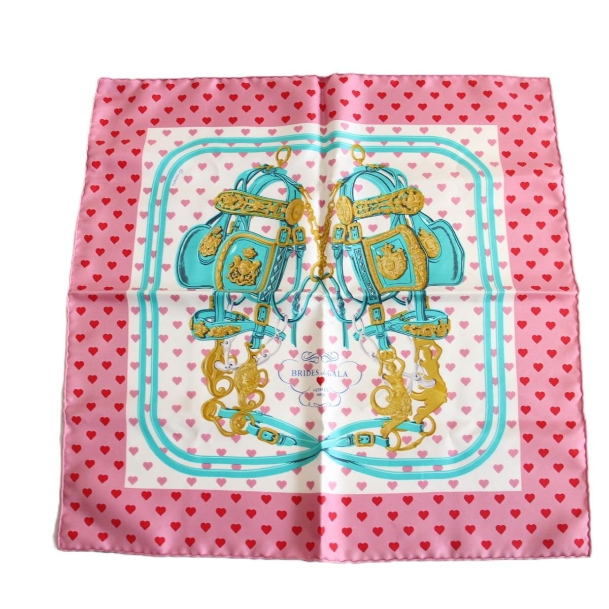 HERMES Carre 45 Gavroche Scarf Brid de Gala Heart 100% Silk Pink
