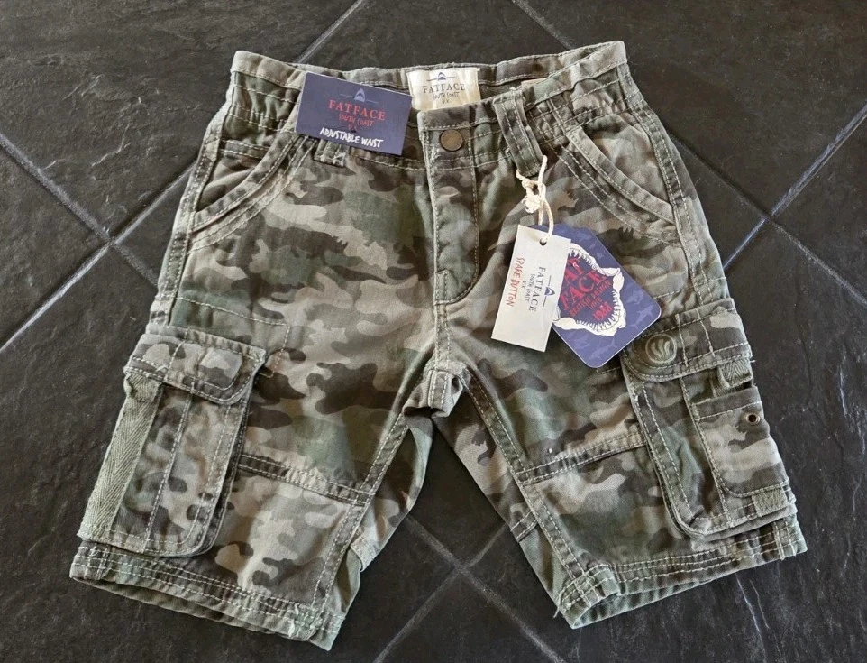 Fatface Kids Cotton Green- Khaki Camo Cargo Shorts Adjustable Waist 4-5
