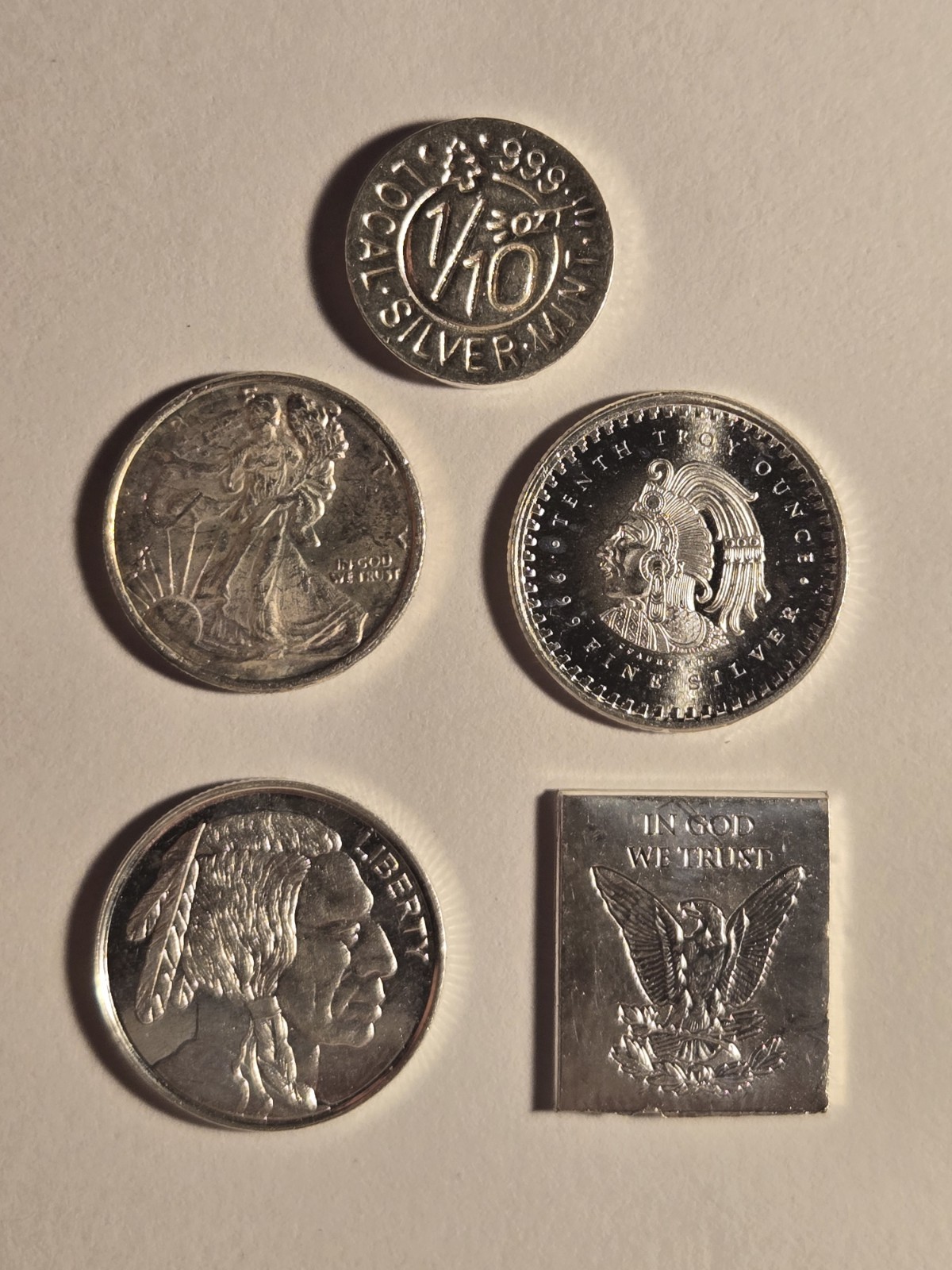 Mixed Lot Of 5 Fractional .999 Fine Silver 1/10th Ounce Each