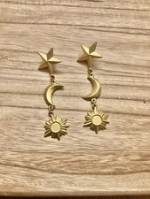 Gold Tone Brushed Celestial Star, Moon  Sun Dangle Pierced Earrings.