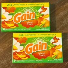GAIN Dryer Sheets - Island Fresh Scent - 34 Count Dryer Sheets Lot of 2
