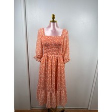 Sienna Sky Floral Smocked Square-Neck Midi Dress in Peach Small