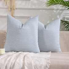 Striped Pillow Covers 18x18, Boho Farmhouse Style, Light Blue, Set of 2, Blue