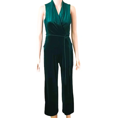 GB 女孩绿色丝绒连身裤 12 无袖 V 领连身裤编织流苏腰带 — 第 2/4 张图片