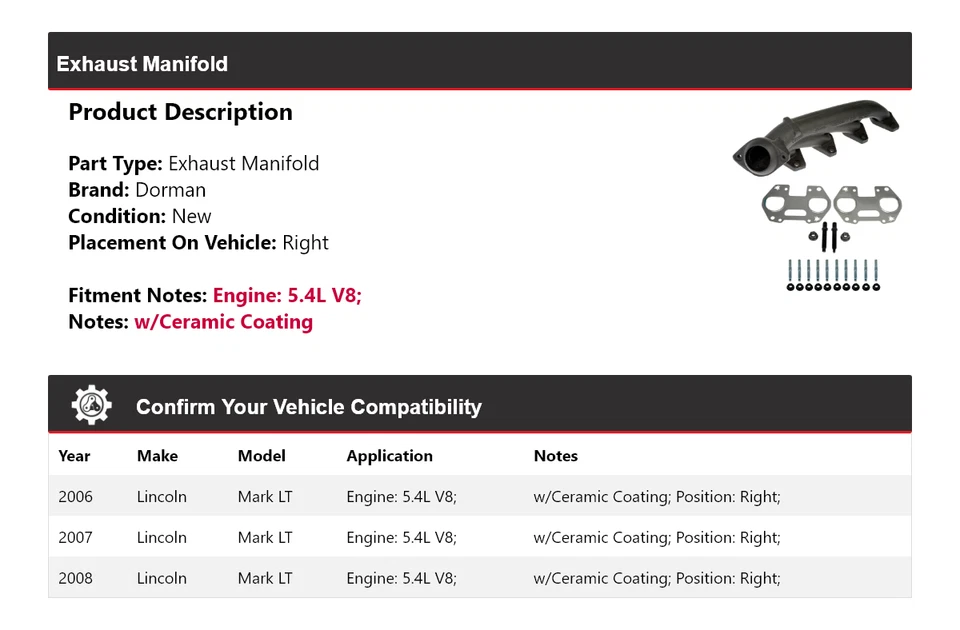Colector de escape derecho 2007 para Lincoln Mark LT 5,4 L V8 Dorman 2006-2008 Foto 2 de 4