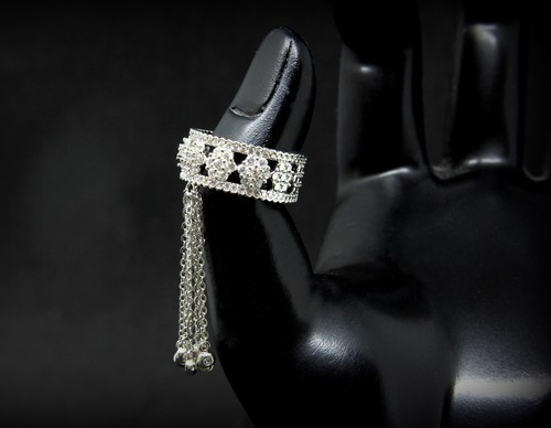 18k White Gold Plated Adjustable Tassel Band Ring made w Swarovski Crystal Stone - Picture 9 of 11