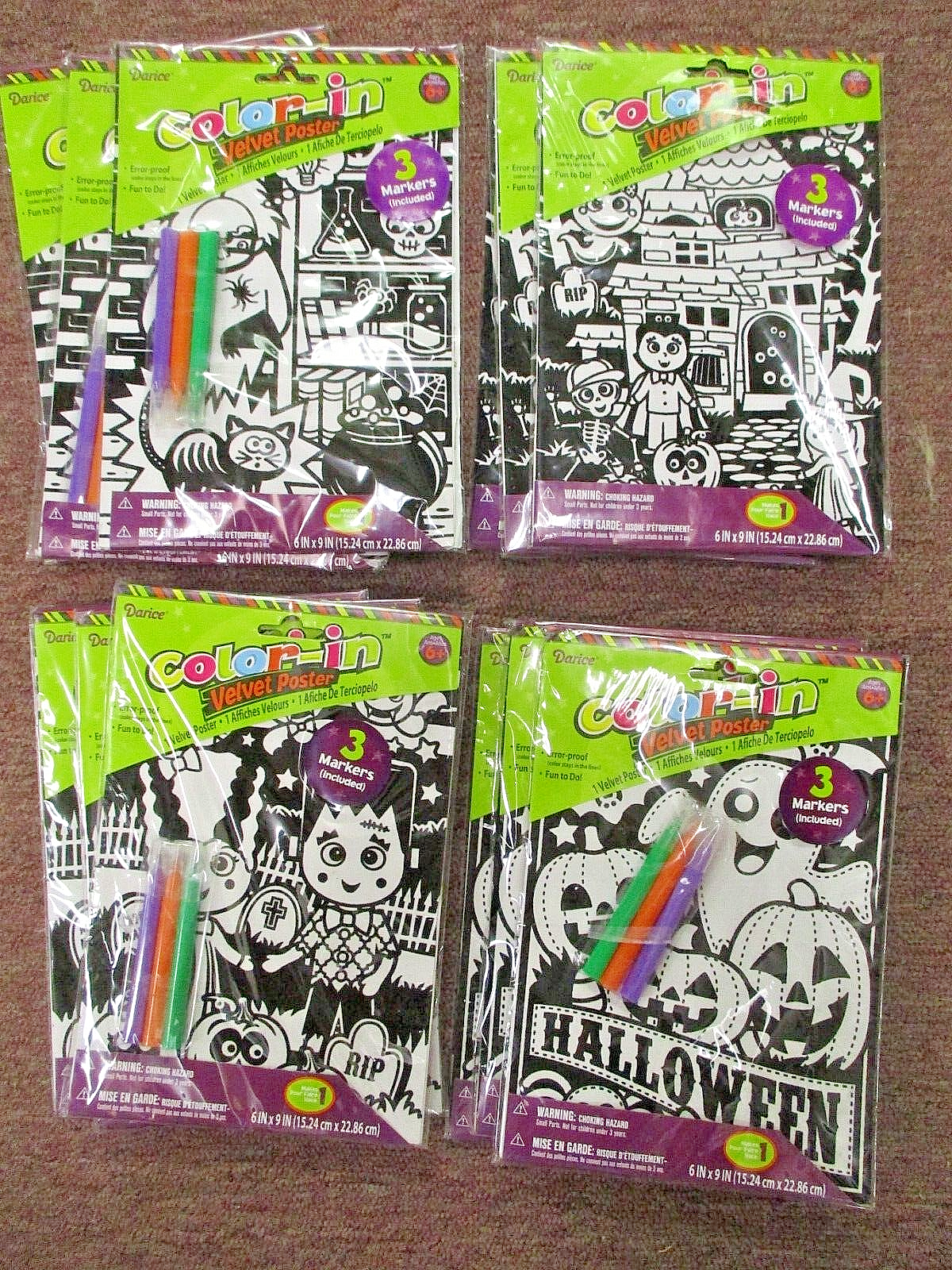 Kids Crafts - 12 Darice Halloween Color-In Velvet Poster 6”x9” with Markers Sets