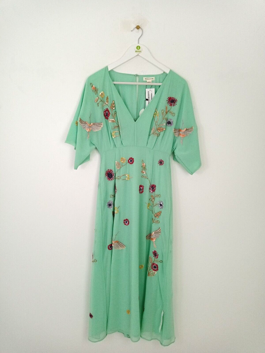 Monsoon Women's Rosalie Hand-Embellished Evening Dress Green Size NWOT F2