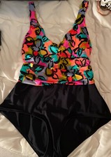 Vtg 70  s 80  s Catalina One Piece Swimsuit 16530 Floral Top Black Bottom Sz-16