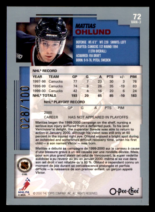 2000 O-Pee-Chee Mattias Ohlund Topps Foil SN100 #72 Vancouver Canucks - Image 2 of 2