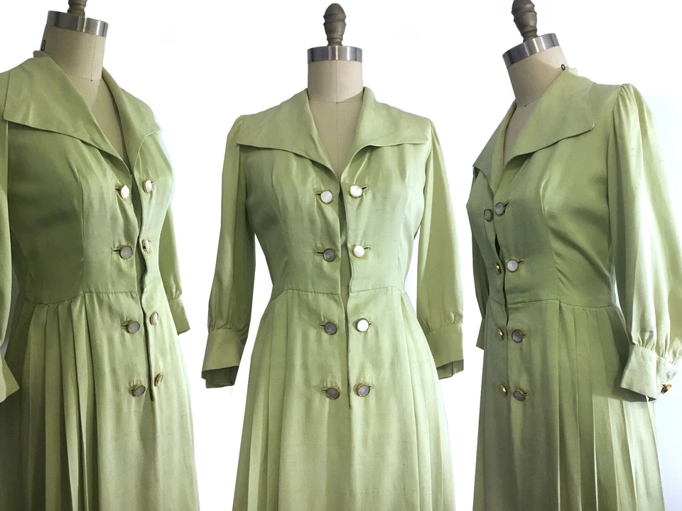  Vestido de té cintura camisa seda tierra verde pastel años 40-M Foto 3 de 4