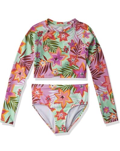 Kanu Surf Girls Long Sleeve Rashguard UPF 50+ Two Piece Swim Set Coral Reef Pink