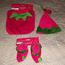 Baby  s Elf Christmas Hat, Bib, Booties Set 0-3 Months.