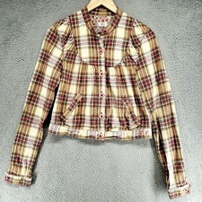 Free People Beige Plaid Linen Blend Cropped Button Front Jacket Size Small