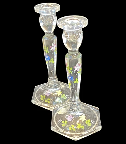 FENTON CLEAR GLASS HAND PAINTED FLORAL CANDLESTICK HOLDERS SIGNED K LAUDERMAN