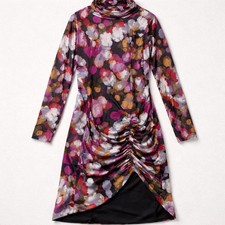 Open Edit Women's XL Multi Color Abstract Print Mock Neck Ruched Mesh Dress