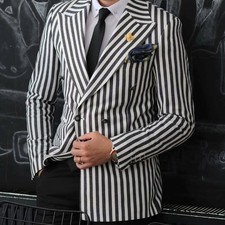 Men's White Black Striped Suit Peak Lapel Blazer Slim Fit Fashion Casual Jacket