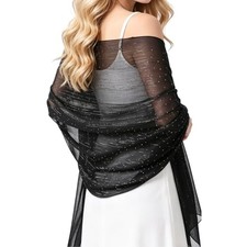 Sucrain Women Sequin Shawl Wraps Sheer Chiffon Shawl Sparkly Rhinestones Black