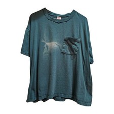 Vtg 80s Fruit of The Loom T-Shirt Sun Faded Green Blank Selvedge Pocket Thrashed