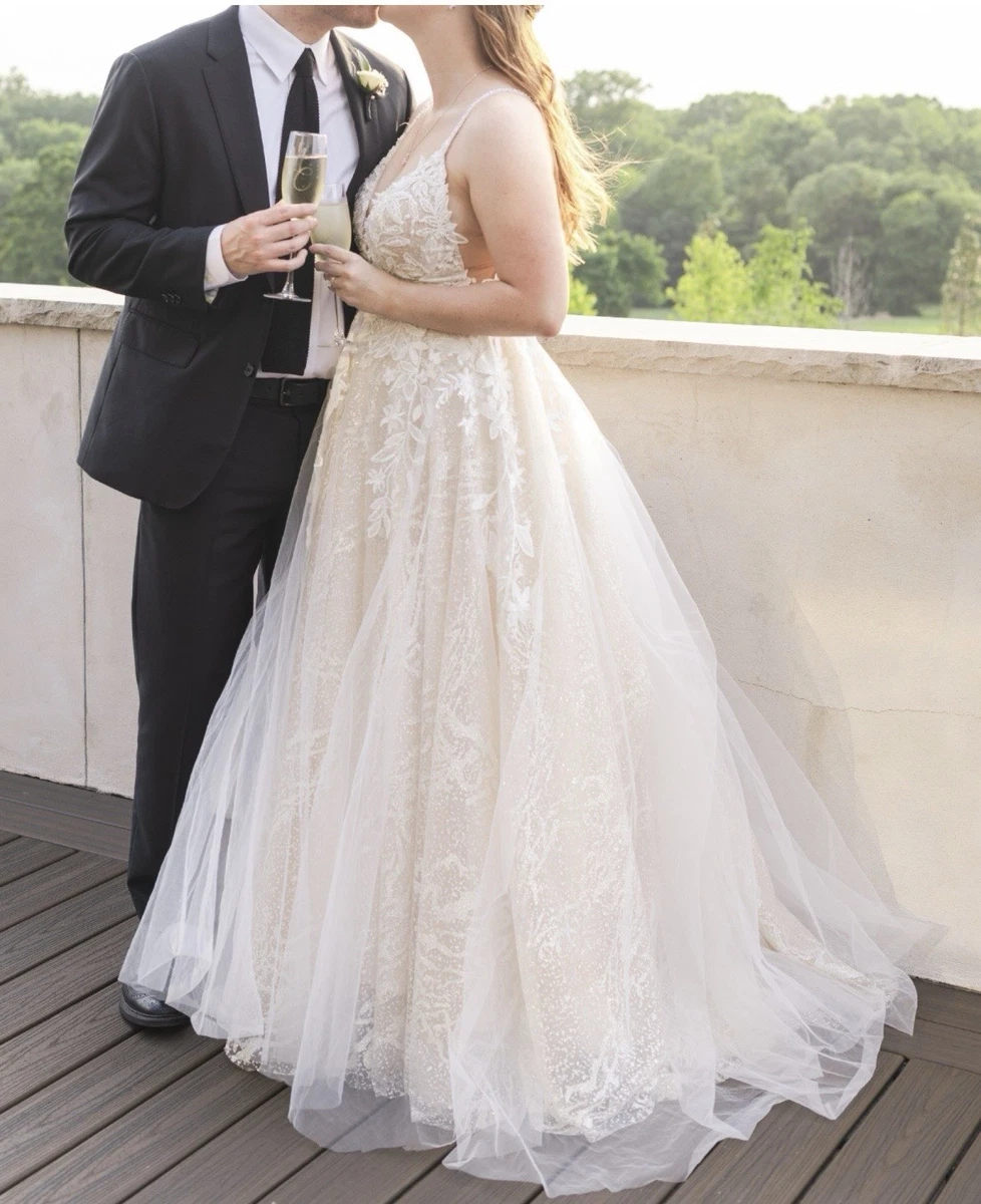 wedding dresses beige Bohemian Beige Tulle Wedding Dress With 3D Flowers, Thin Straps, No Train,  Rustic Wedding, Custom Made, Boho Wedding Dress, Wedding Boho