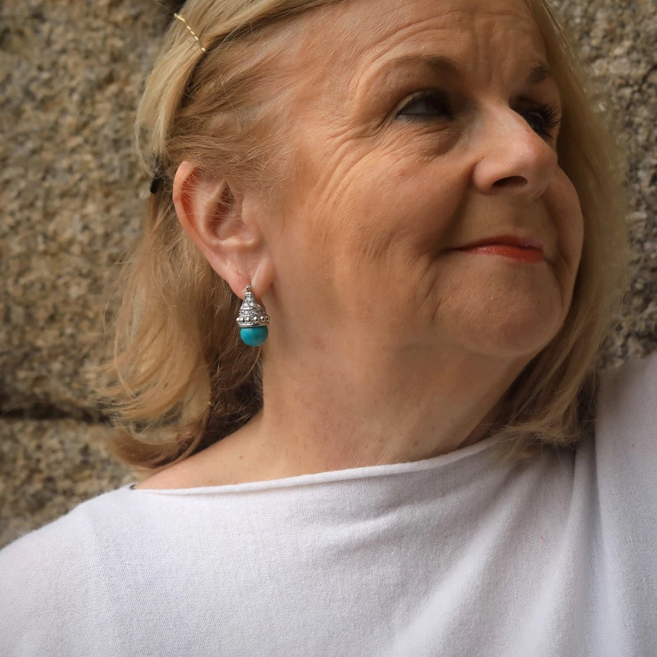 Ohrringe Schläfer Silber Fassung Cz Perle Türkis Kunstleder ET9 - Bild 2 von 4