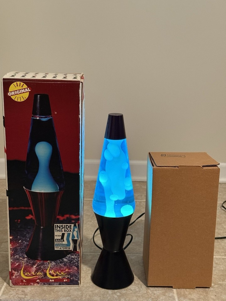 Vintage 1990s Original Lava Lite Lamp Blue Liquid White Wax Black Base In Box