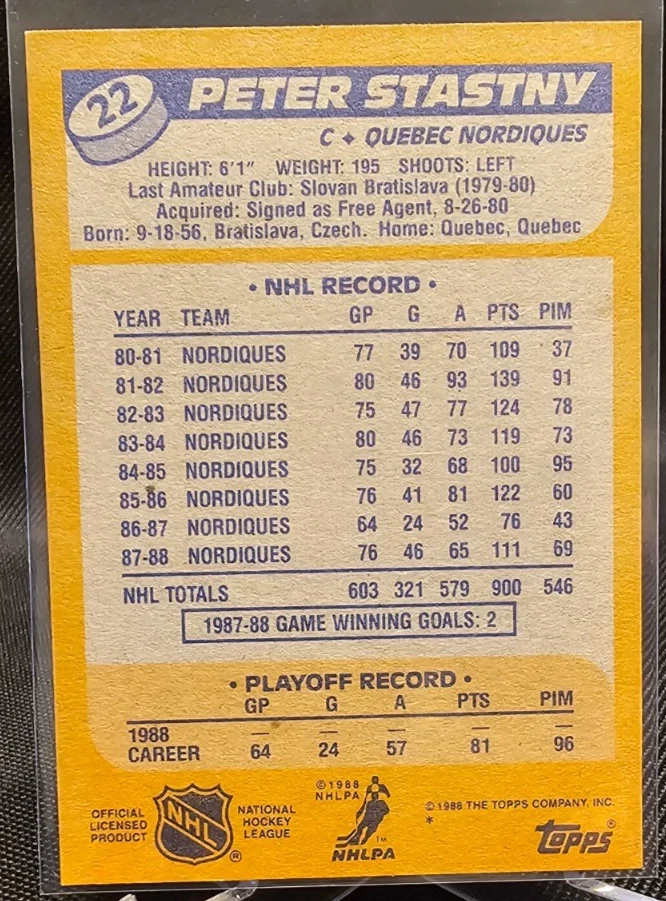 1988-89 Topps Peter Stastny #22 Quebec Nordiques - Image 2 of 2
