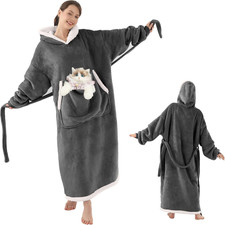 Wearable Blanket Hoodie with Cat Pouch, Gifts for Women Mom Girlfriend Pet Lover
