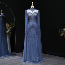 Luxury Beaded Blue Evening Dress With Cape Sleeve High Neck Wedding Party Gowns