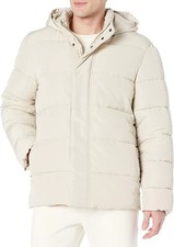 Men  s Ivory Hooded Puffer Jacket   Thick Bubble Coat 100 Polyester