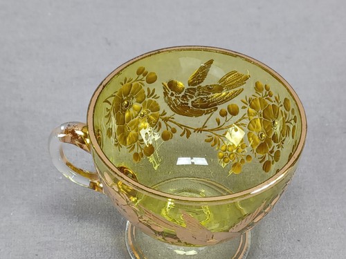 Bohemian Josephinenhutte Intaglio Engraved Gold Birds & Floral Green Footed Cup - Picture 5 of 9