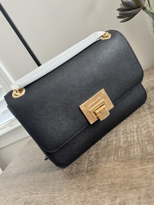 NWT Michael Kors Tina Shoulder Flap Handbag Black Saffiano
