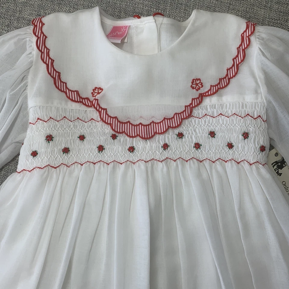 Vestido Vintage Will’Beth Calado Niñas Talla 4T Reliquia Blanco Rojo *NUEVO CON ETIQUETAS EE. UU. Años 90 Foto 2 de 4