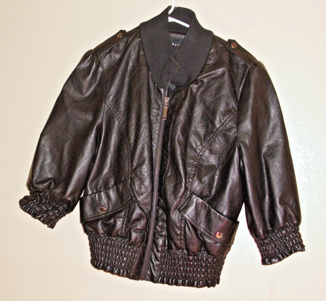 Ladies Faux Leather Jacket Therapy Brown Zip Down Elastic 3/4 Sleeve Size L | eBay