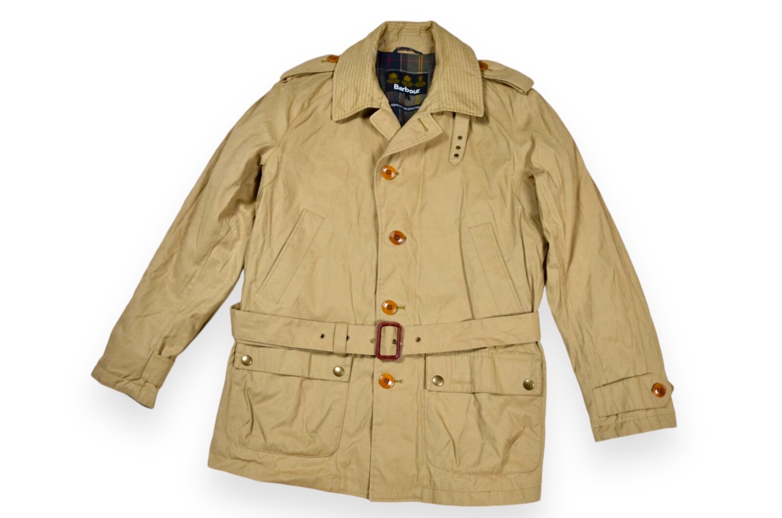 Men's Barbour Cromarty Jacket Trench Ivory Belted Waterproof England Size L