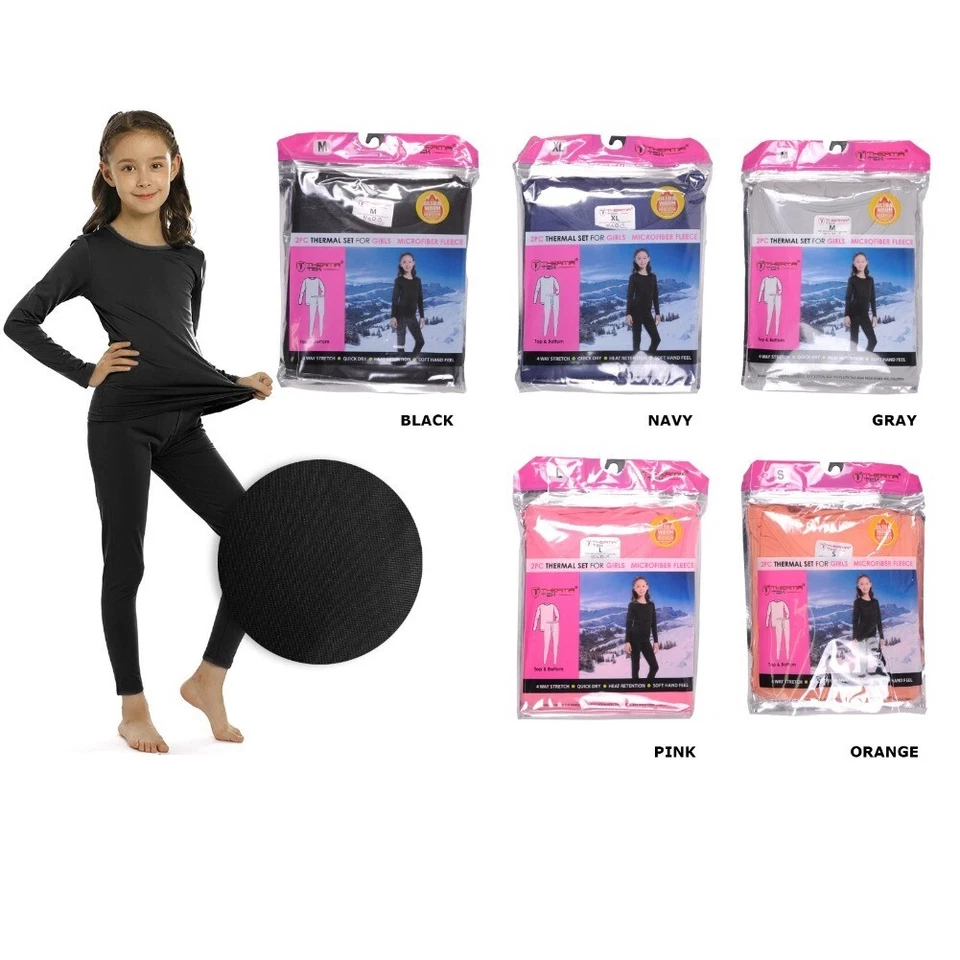 Therma Tek Girls Thermal Underwear Microfiber Fleece Long Johns Top & Bottom Set