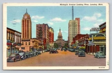 Linen Michigan Avenue Looking West Old Cars Signs Lansing Michigan P629