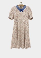 Vintage Floral Tea Dress 90s Mid Length Cotton Short Sleeve 8 Small Bow