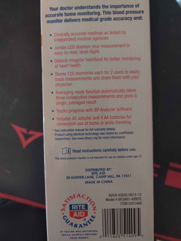 Rite Aid Premium Automatic Blood Pressure Cuff Monitor Superior