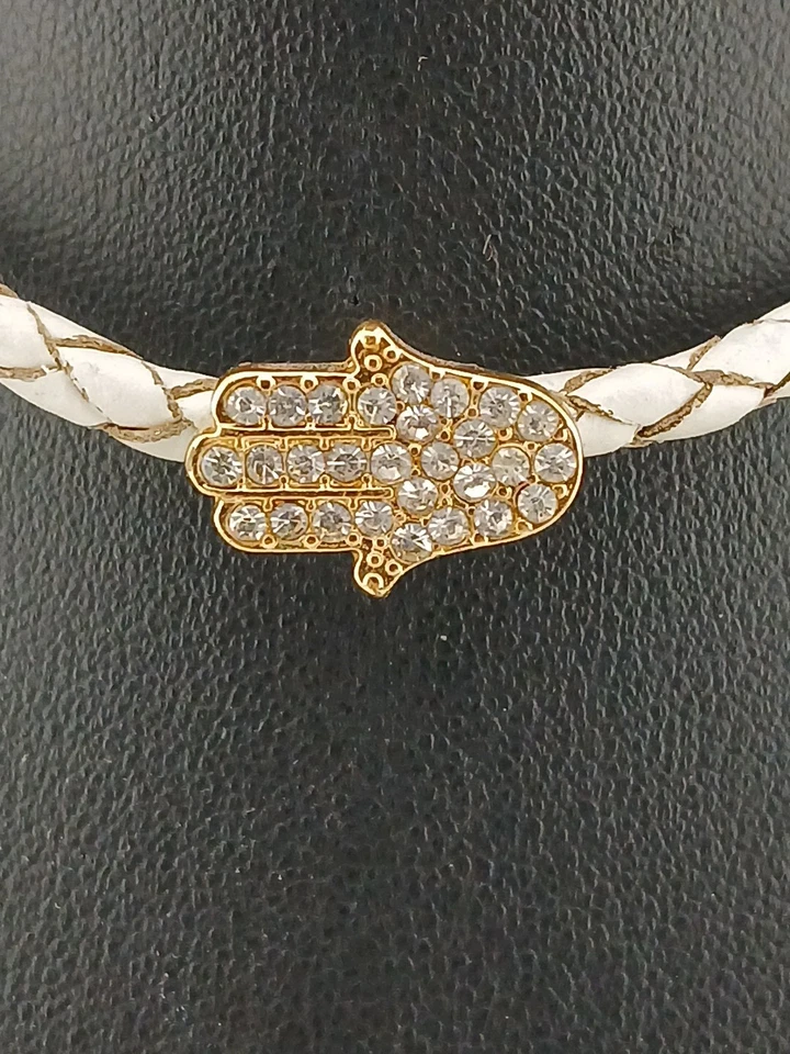GUESS Collar Chocker Hamsa Piedras Transparentes Tono Dorado Cuero Trenzado Blanco Foto 2 de 4