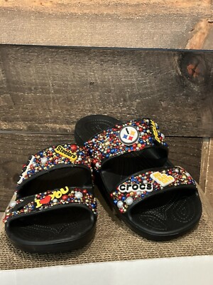 Custom Blinged Crocs Slides. Rhinestones, Charms, Vinyl STEELERS Size M8 W10