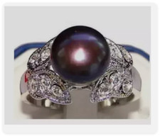 9mm Noblest Natural Black Akoya Cultured Pearl Butterfly Ring Size:7 8 9