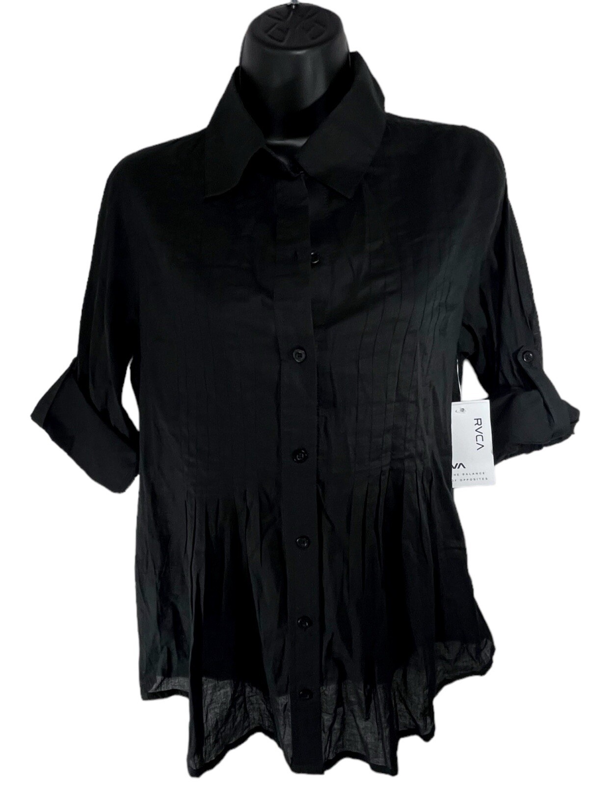 RVCA Comes And Goes Button Down Shirt Sz S Black Cotton Pleated Roll Tab Sleeve