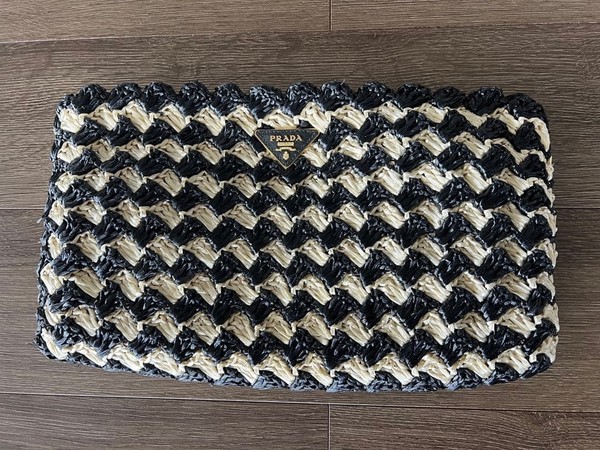PRADA Raffia Clutch Bag Black White Stripe Logo Pouch Summer Style Luxury 10.5in