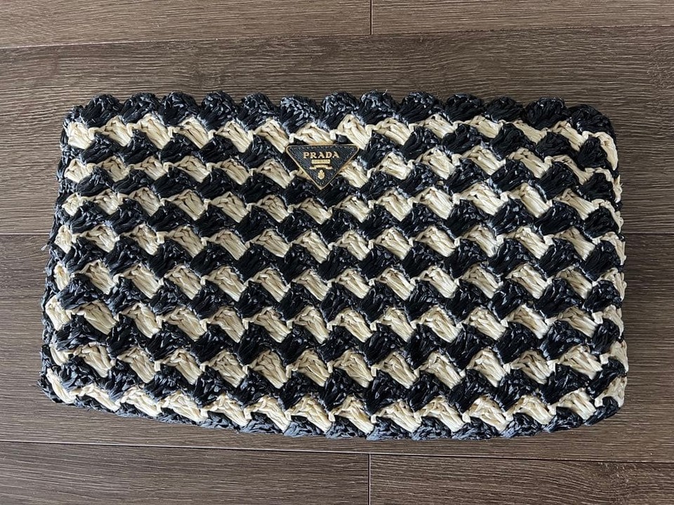 PRADA Raffia Clutch Bag Black White Stripe Logo Pouch Summer Style Luxury 10.5in