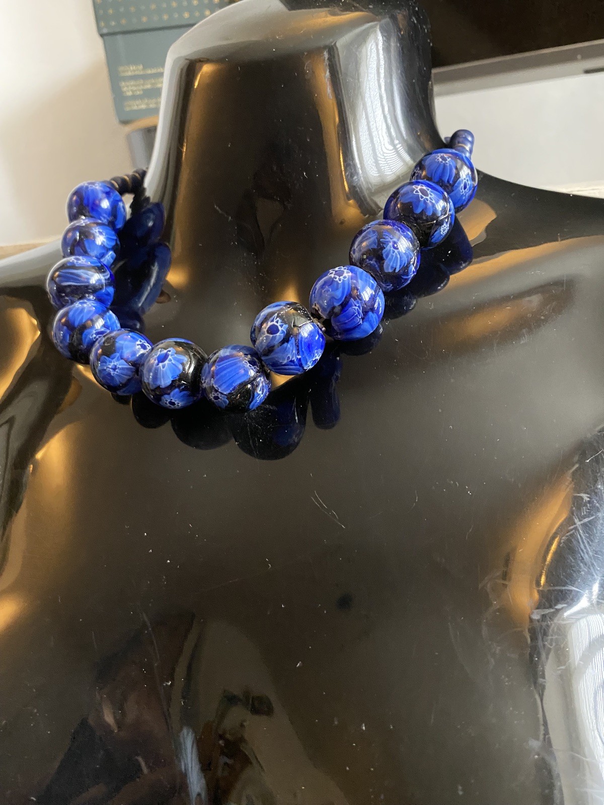 Statement Blue Chunky Patterned Bead Necklace And… - image 10
