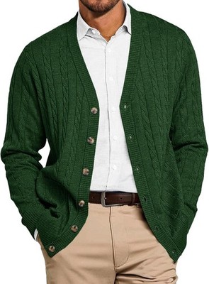 Mens Cable Knit Cardigan Sweater V Neck Button Down Long Sleeve Fall Jacket
