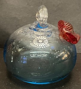 Hand Blown Art Glass Hummingbird Feeder Blue Red