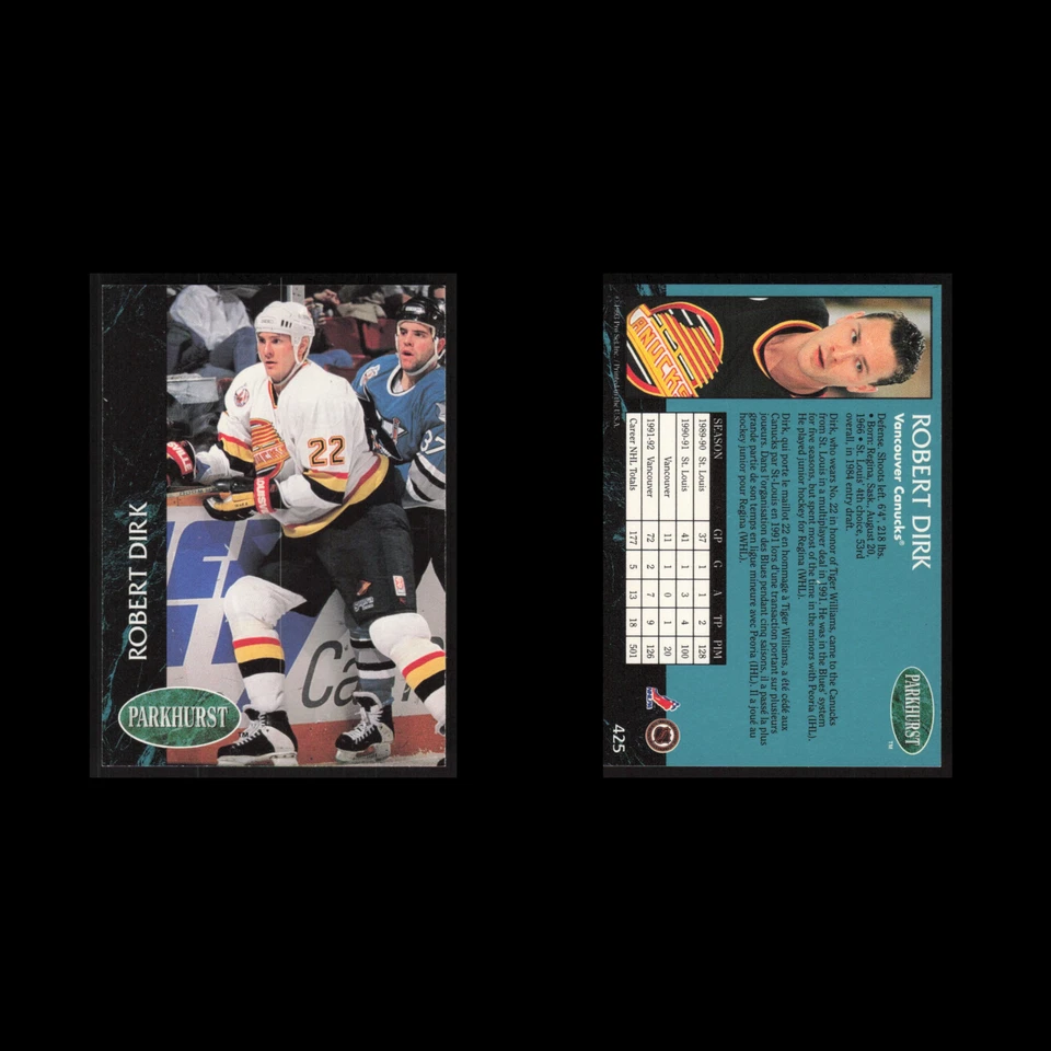 Robert Dirk #425 1992 Parkhurst Vancouver Canucks Hockey Card NHL NM - Image 3 of 3