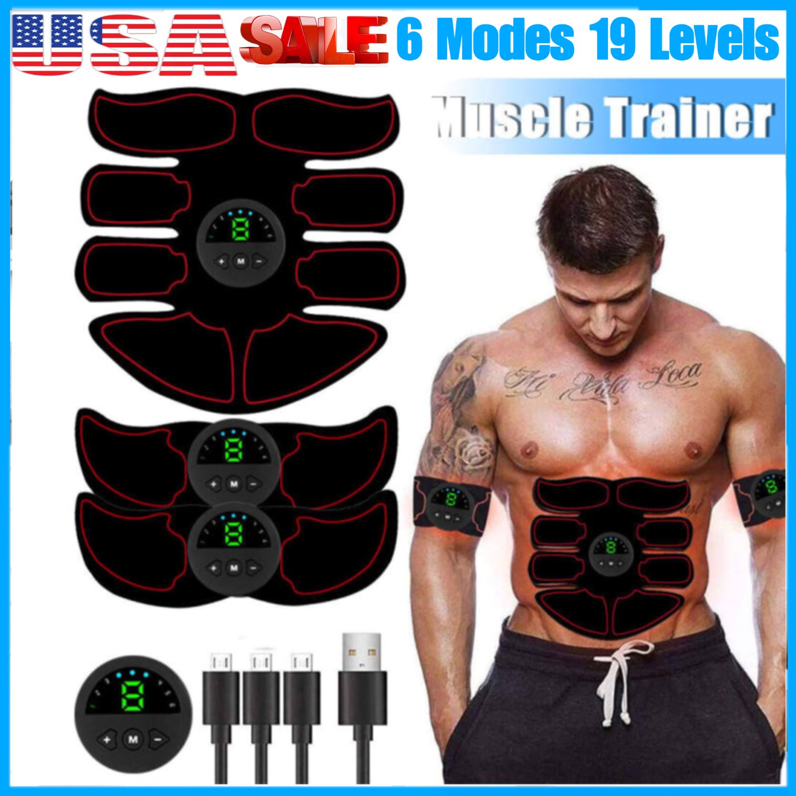 LCD Rechargeable EMS Abdominal Muscle Toning Belt Trainer ABS Stimulator Toner